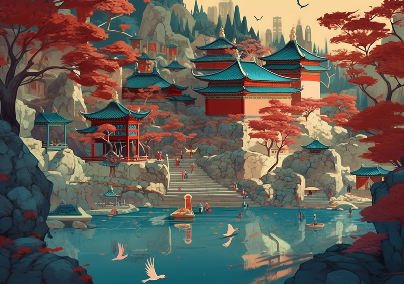 国潮古建筑祥云背景插画承德避暑山庄白鸟飞鸟落在水面,插画/手绘图,插画/手绘图库,插画/手绘图下载,插画/手绘